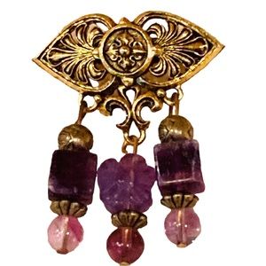 Vintage Victorian Bar Pin Brooch Amethyst Bead Dangles